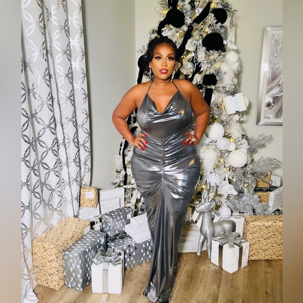 Metallic Silver, low back, halter long dress